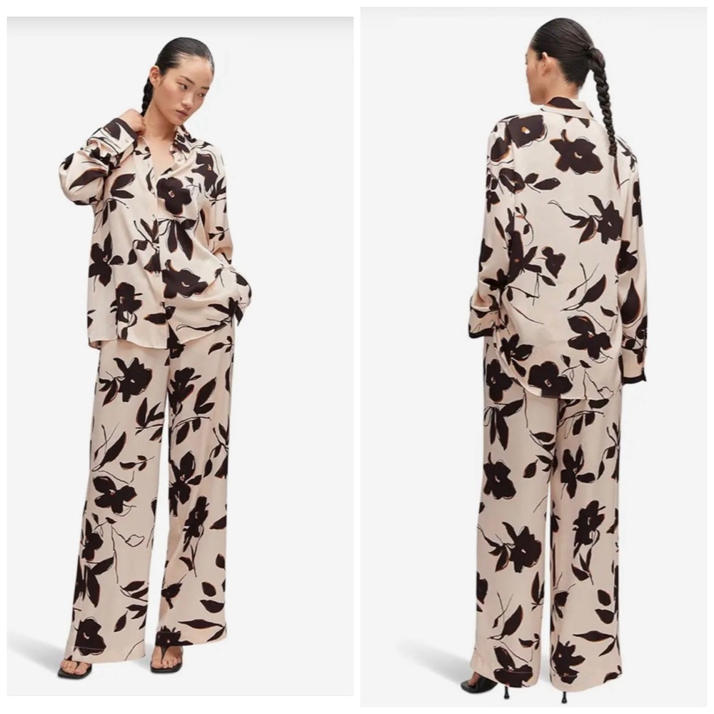 Mango NWT | Magna Floral Satin Button Down Shirt & Pant Set M